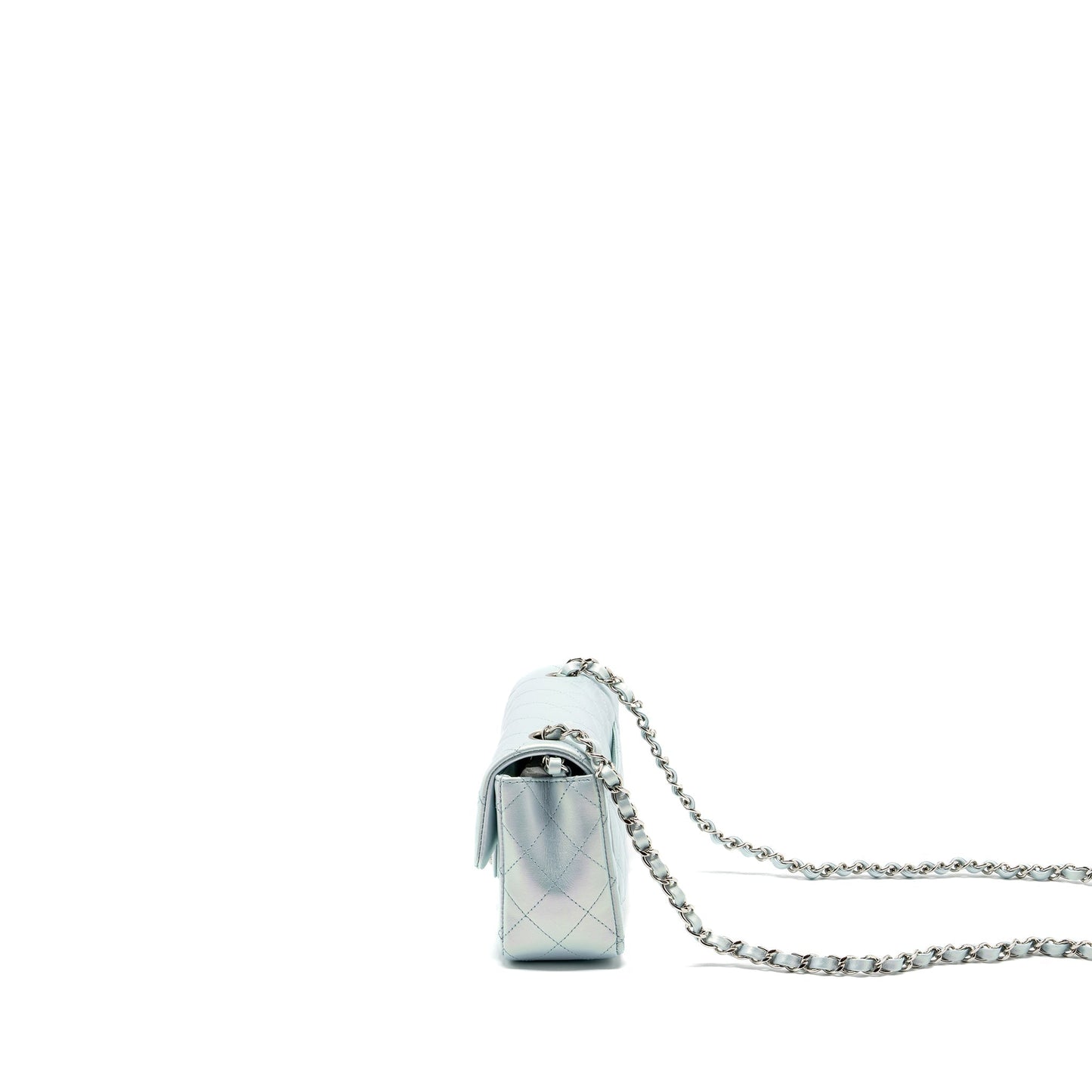 Chanel 21K mini rectangular flap bag calfskin iridescent light blue SHW (microchip)