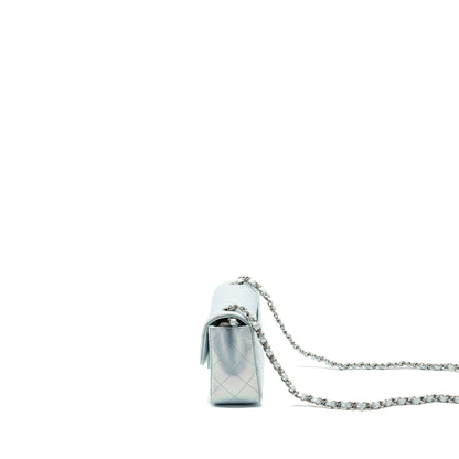 Chanel 21K mini rectangular flap bag calfskin iridescent light blue SHW (microchip)