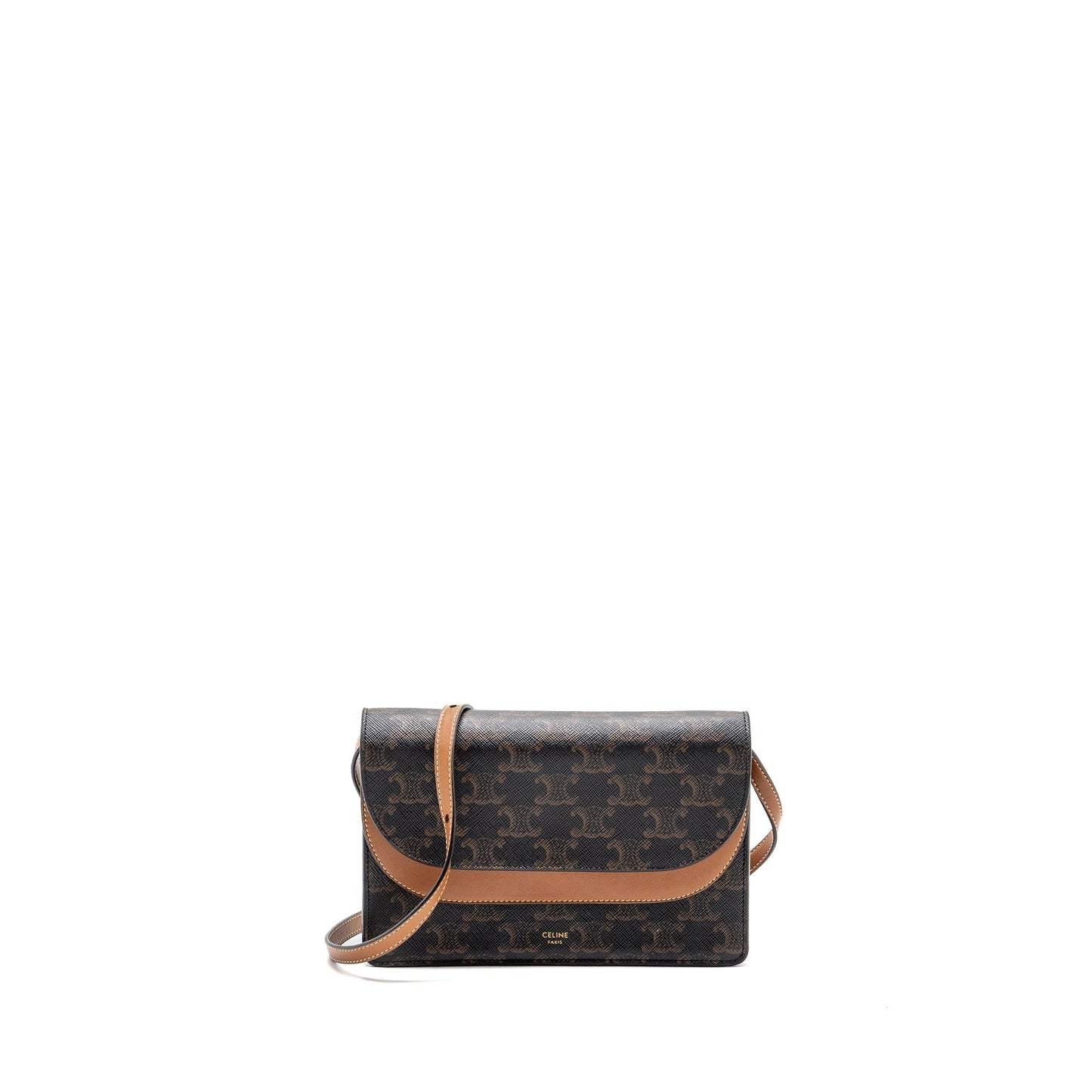 Luxury CELINE Wallet on Strap Triomphe Canvas/Smooth Lambskin TAN