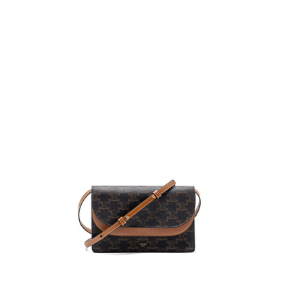 Luxury CELINE Wallet On Strap Triomphe Canvas/ Lambskin Tan