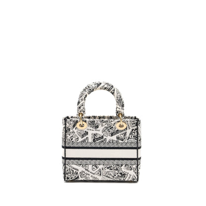 Dior Medium Lady D-lite Purse Plan De Paris Embroidery Canvas Black/White