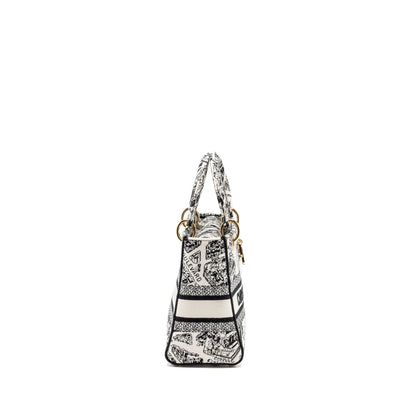 Dior Medium Lady D-lite Purse Plan De Paris Embroidery Canvas Black/White