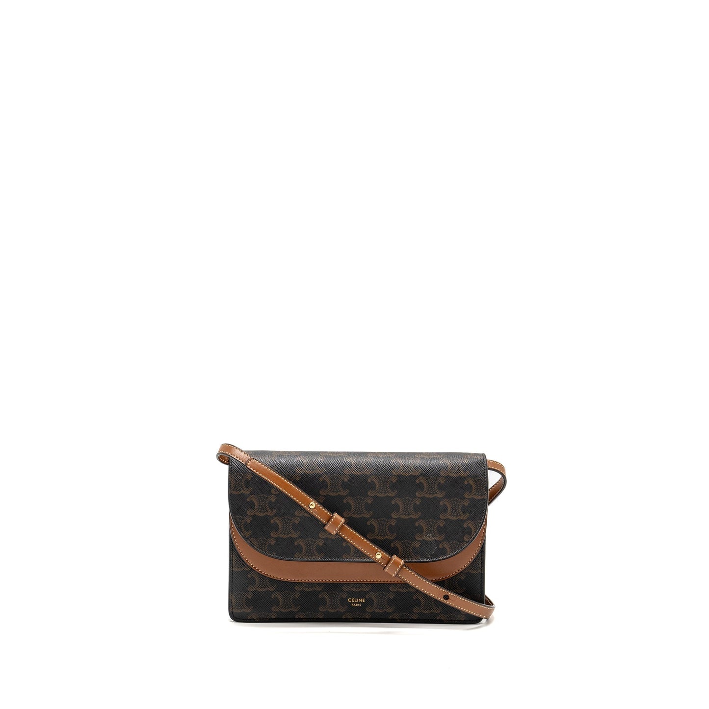 Luxury CELINE Wallet On Strap Triomphe Canvas/Lambskin Tan GHW