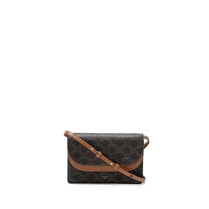 Luxury CELINE Wallet On Strap Triomphe Canvas/Lambskin Tan GHW