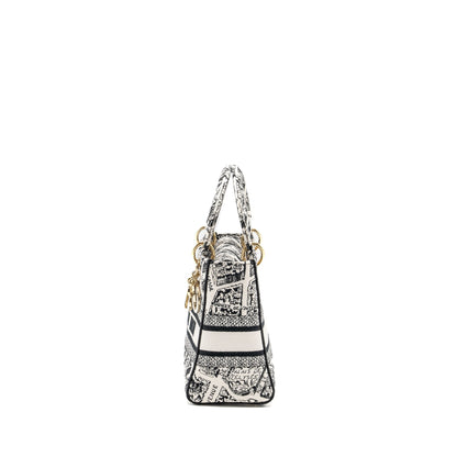 Dior Medium Lady D-lite Purse Plan De Paris Embroidery Canvas Black/White