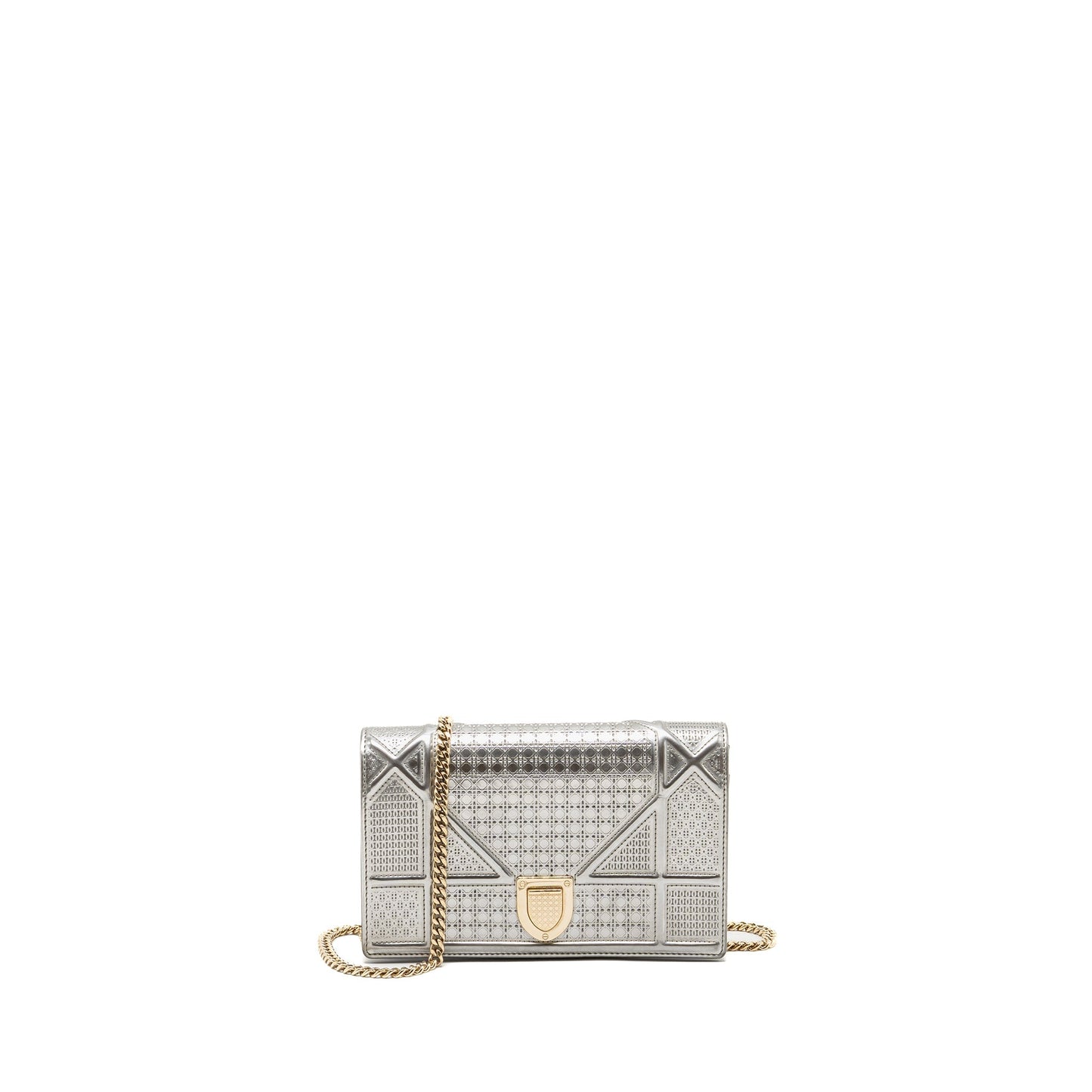 Dior Diorama Wallet on Chain Metallic Patent Silver