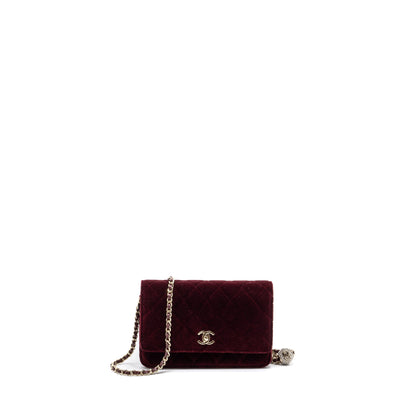 Chanel Crystal Pearl Crush Wallet On Chain Velvet Burgundy LGHW