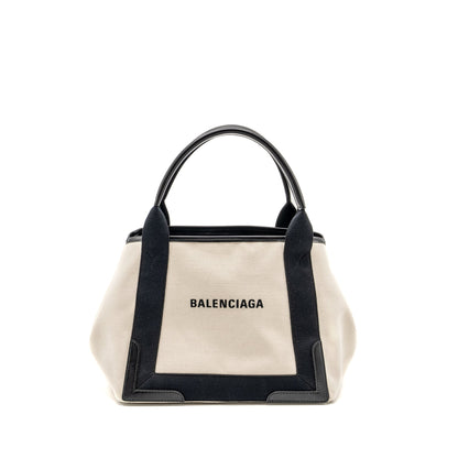 Balenciaga Cabas Tote Purse Canvas/Calfskin Natural/Black