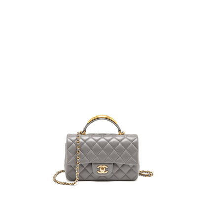 Chanel 22k Metal Top Handle Mini Rectangular Flap Bag Lambskin Grey GHW (Microchip)