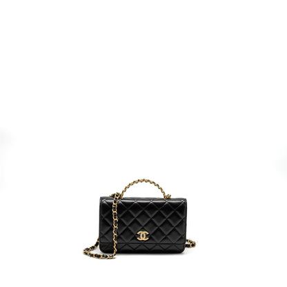 Chanel Detail Top Handle Wallet On Chain Lambskin Black Brushed GHW (Microchip)