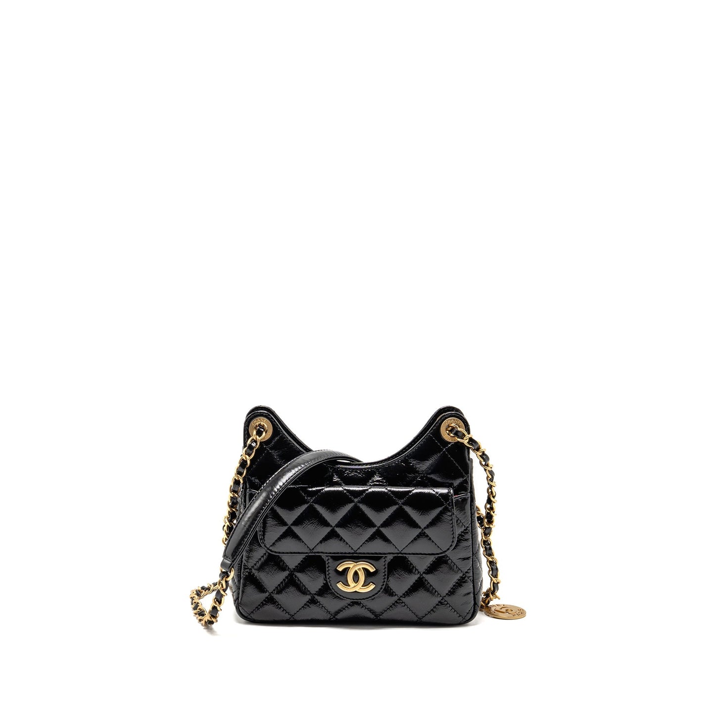 Chanel 23C Small Hobo Bag Shiny Calfskin Black Brushed GHW (Microchip)