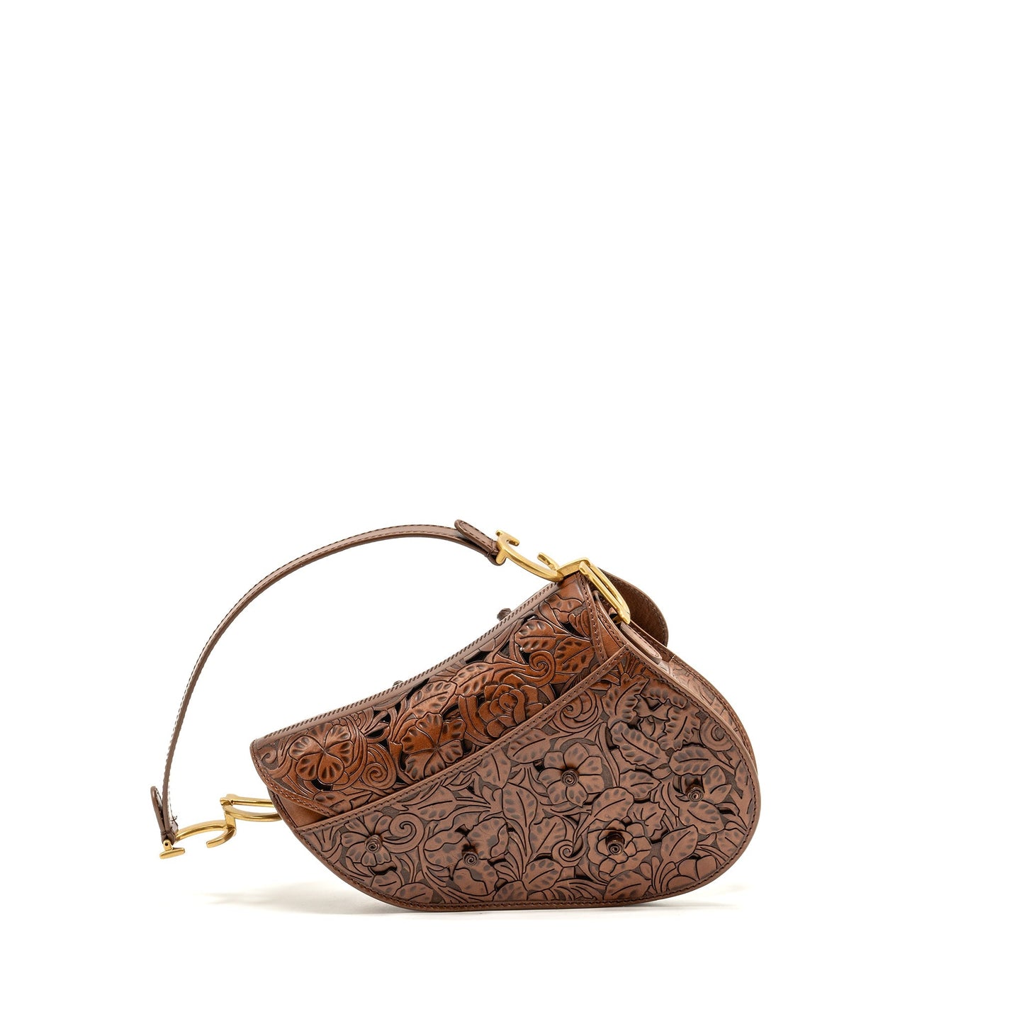 Dior Medium Saddle Purse Laser-cut Floral Calfskin Brown
