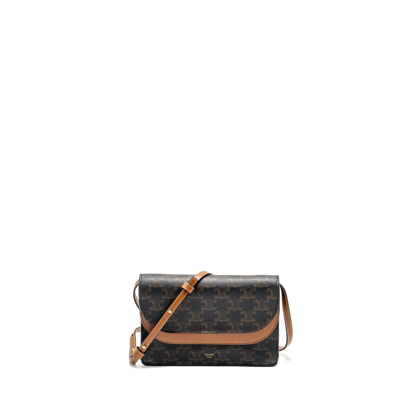 Luxury CELINE Wallet on strap Triomphe Canvas / Smooth Lambskin Tan