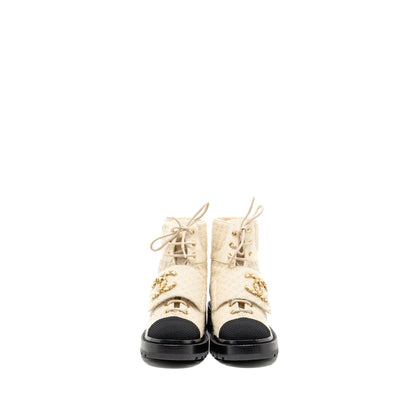 Chanel Size 36.5 22K Lace-Ups Wool Tweed/Fabric Ivory/Black GHW