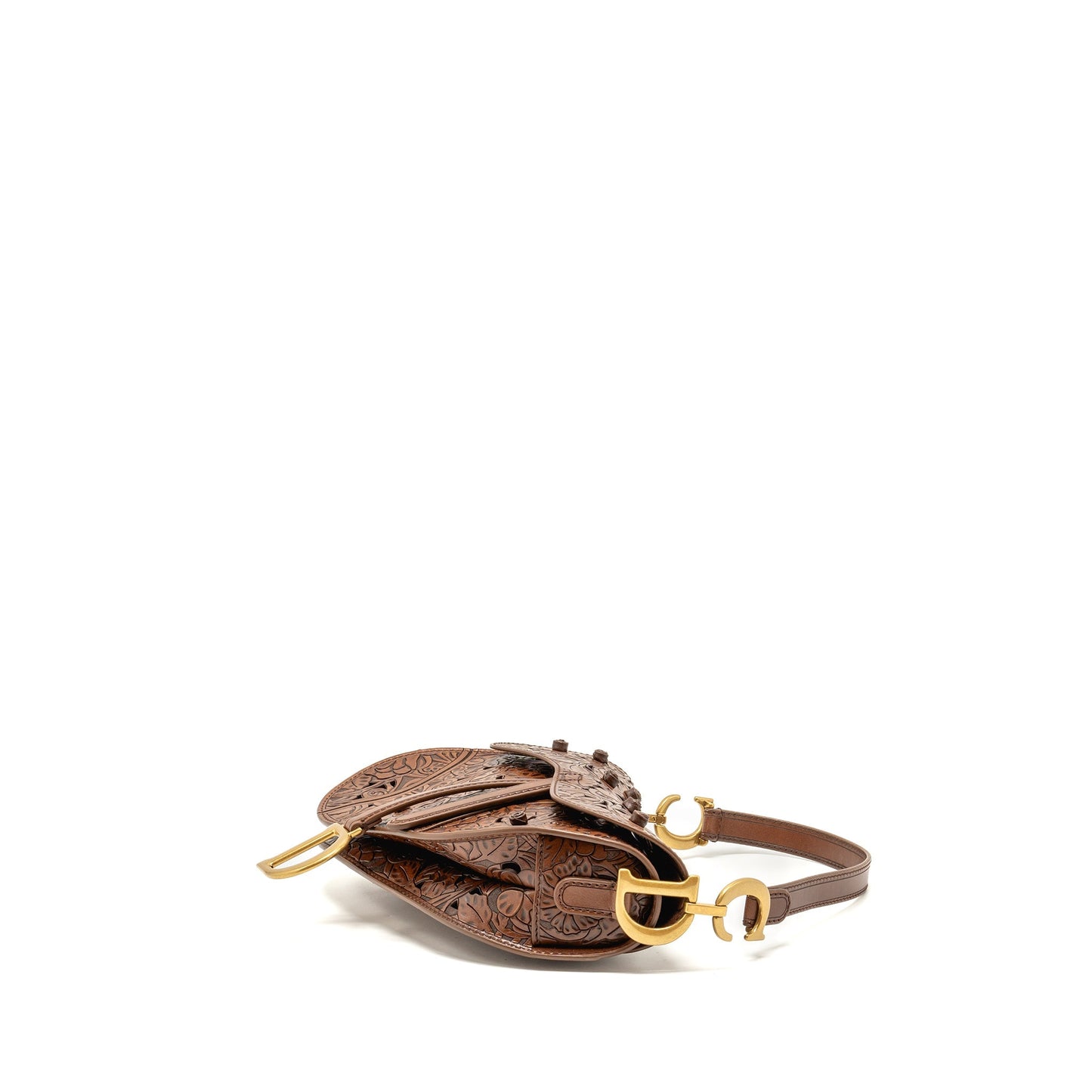 Dior Medium Saddle Purse Laser-cut Floral Calfskin Brown