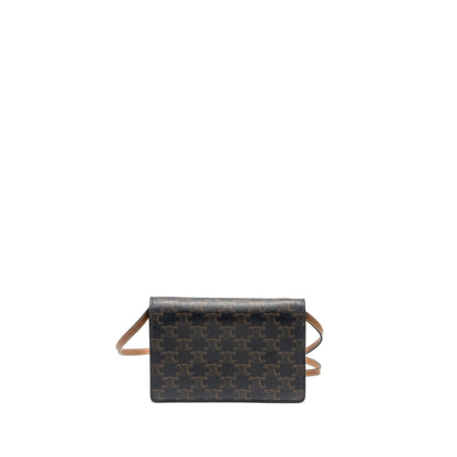 Luxury CELINE Wallet on strap Triomphe Canvas / Smooth Lambskin Tan