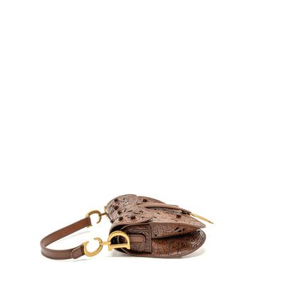Dior Medium Saddle Purse Laser-cut Floral Calfskin Brown