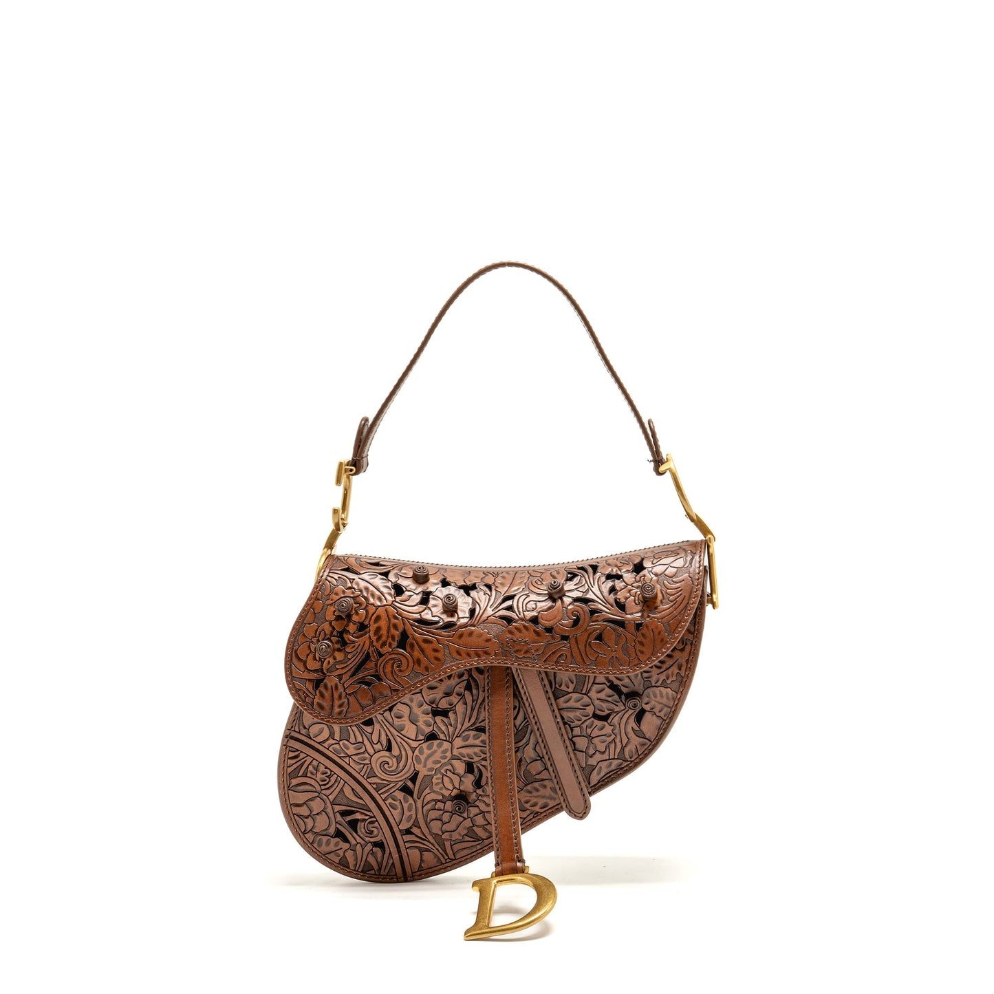 Dior Medium Saddle Purse Laser-cut Floral Calfskin Brown
