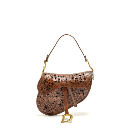 Dior Medium Saddle Purse Laser-cut Floral Calfskin Brown