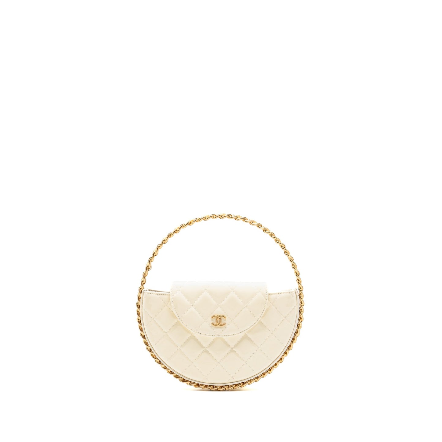 Chanel round clutch patent leather white GHW (microchip)