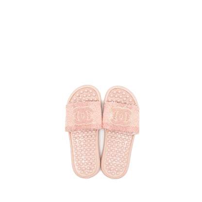 Chanel Size 38 Tweed Pool Beach Slides Sandals Pink