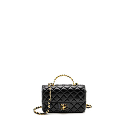 Chanel Detailed Top Handle Flap Bag Lambskin Black GHW (Microchip)