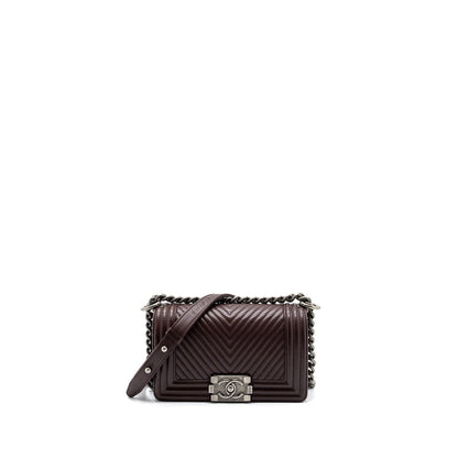 Chanel Chevron Small Boy Bag Lambskin BURGUNDY RUTHENIUM HARDWARE