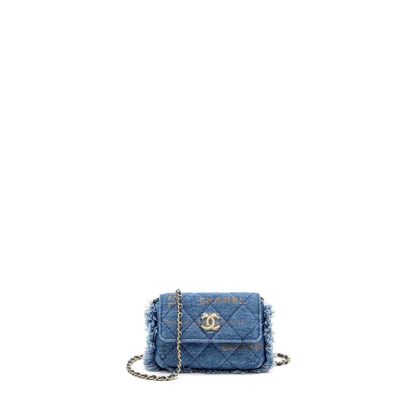Chanel 22p Logo Printed Mini Clutch With Chain Denim Blue/Multicolour LGHW