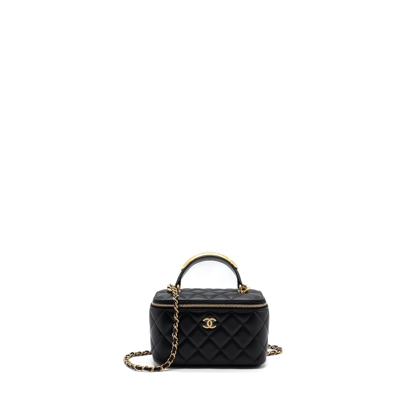Chanel top handle long vanity with chain lambskin black GHW (microchip)