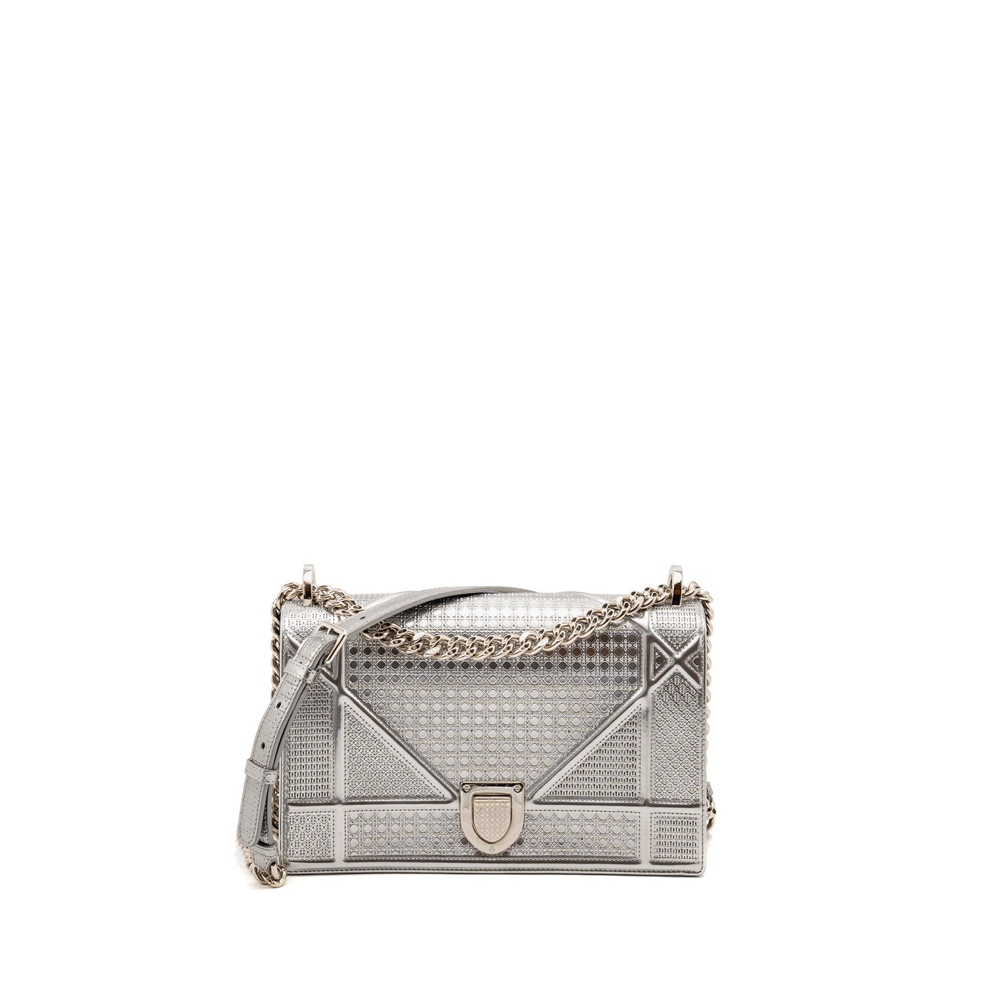 Dior Diorama Flap Purse Patent Micro-Cannage Leather Metallic Silver
