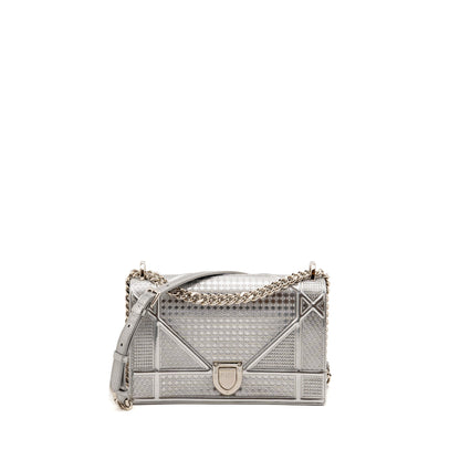 Dior Diorama Flap Purse Patent Micro-Cannage Leather Metallic Silver