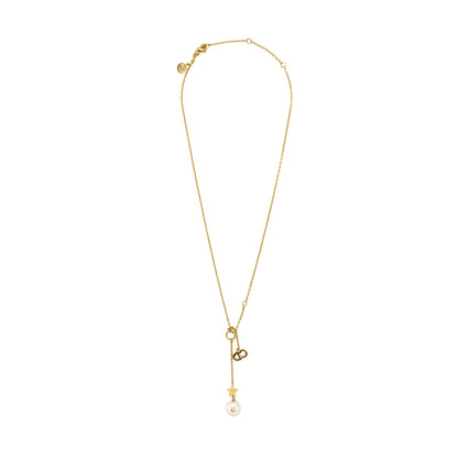 Dior Star and Pearl Drop Necklace Crystal Gold Tone