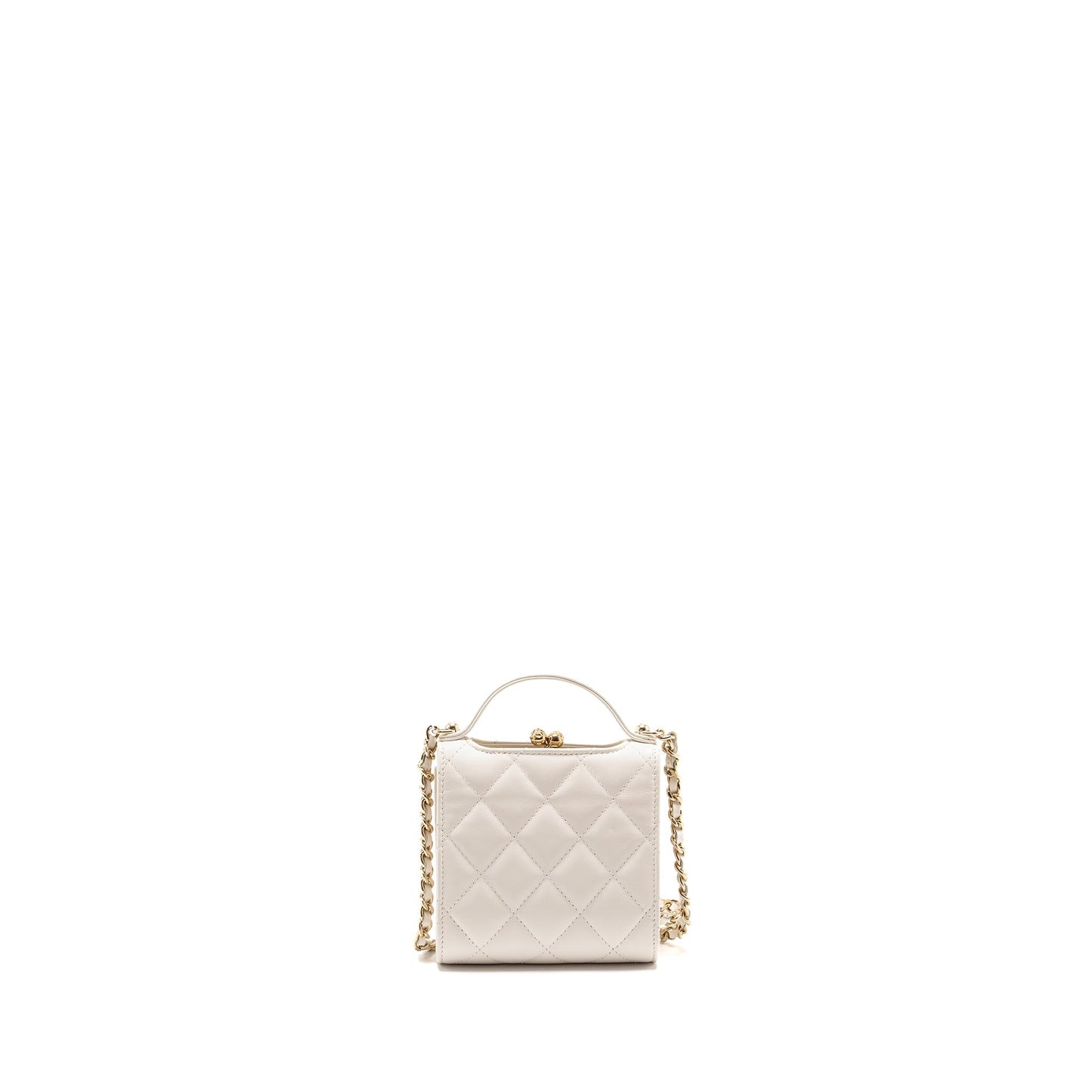 Chanel top handle flap kiss lock mini clutch with chain lambskin white LGHW (microchip)
