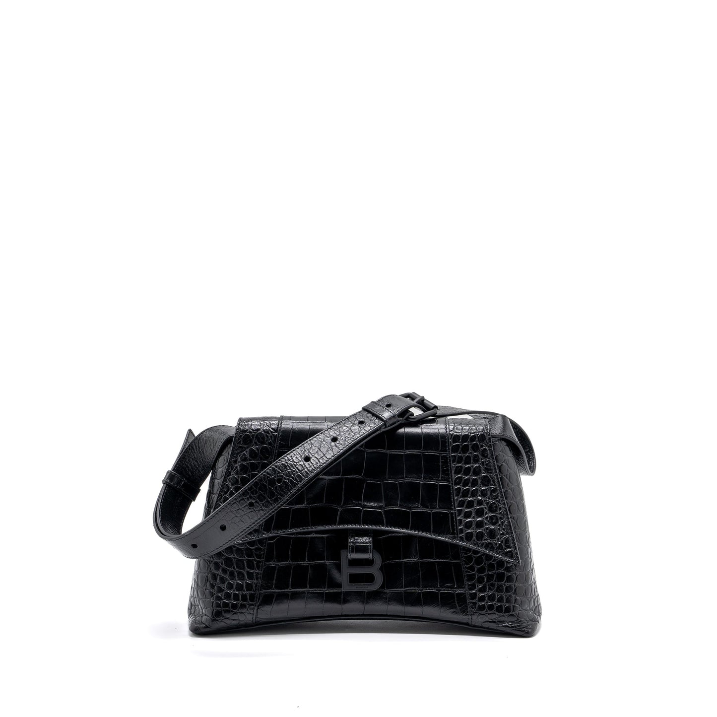 Balenciaga Downtown Small Shoudler Purse Crocodile Embossed Black with Black Hardware