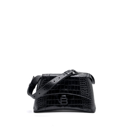 Balenciaga Downtown Small Shoudler Purse Crocodile Embossed Black with Black Hardware