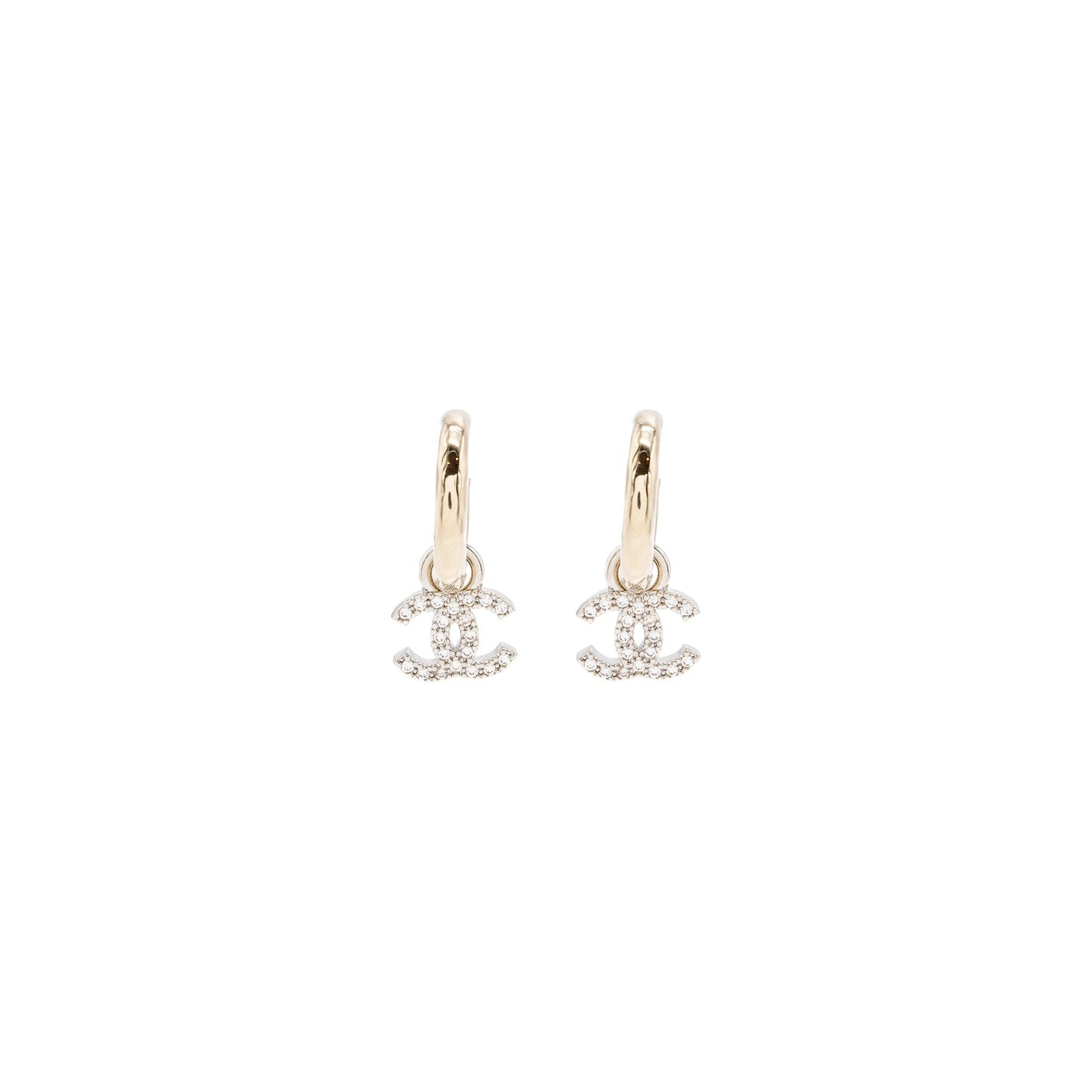 Chanel Round CC Logo Dropped Earring Crystal Light Gold Tone