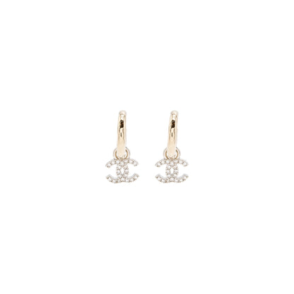 Chanel Round CC Logo Dropped Earring Crystal Light Gold Tone