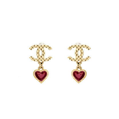 Chanel CC Heart Drop Earrings Light Gold Tone/ Purple
