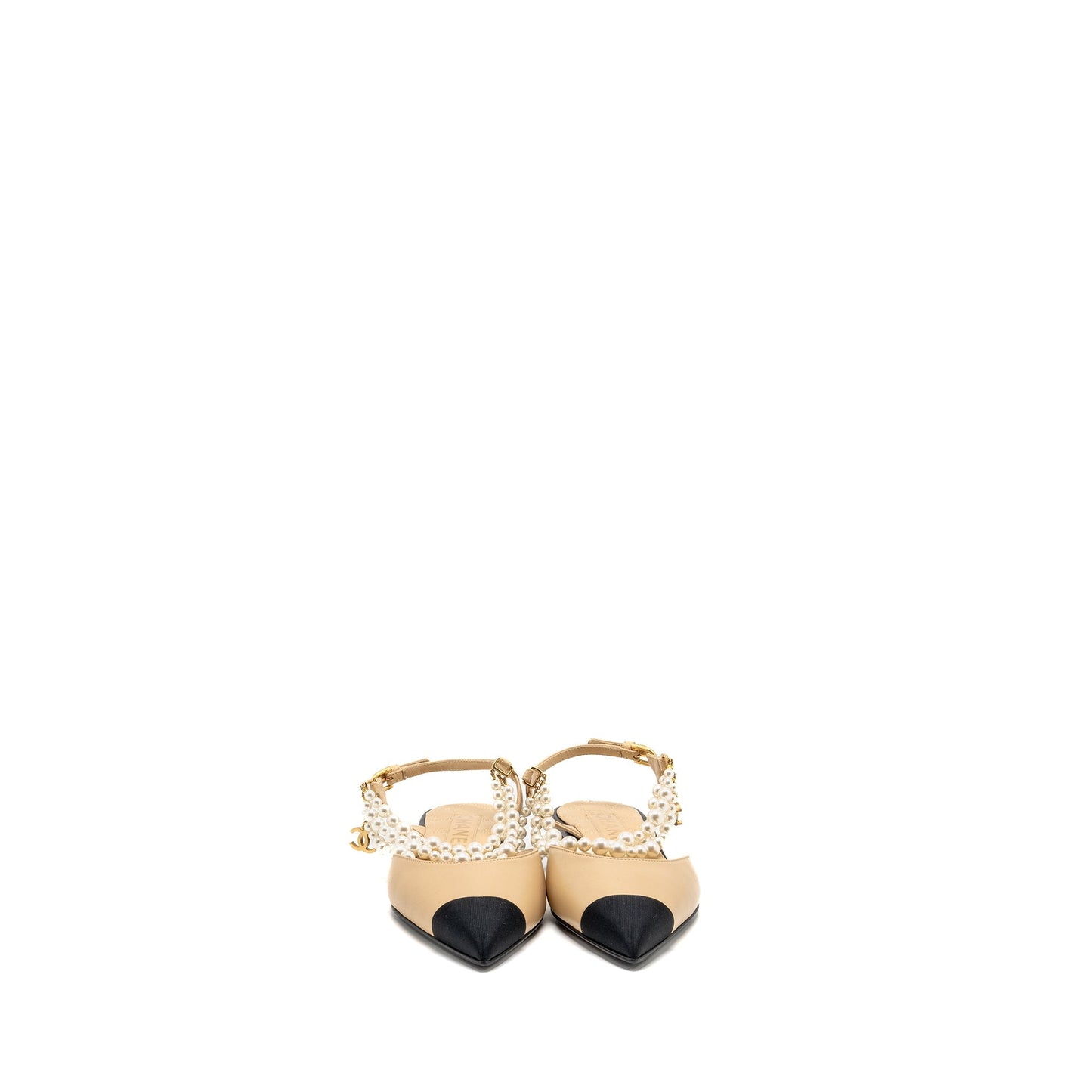 Chanel size 36.5 Slingback with pearl straps beige/ black