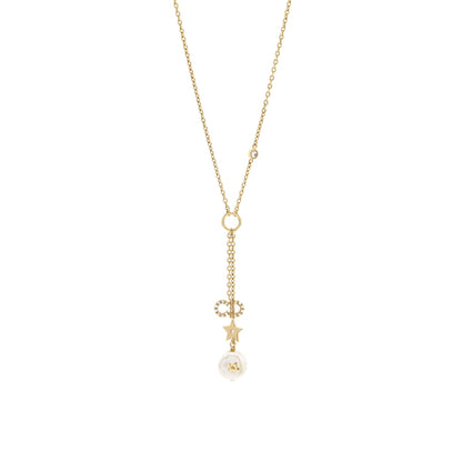 Dior Star and Pearl Drop Necklace Crystal Gold Tone