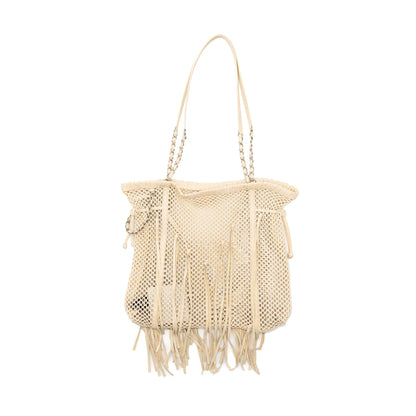 Chanel large beach tote bag lambskin / fabric ivory SHW