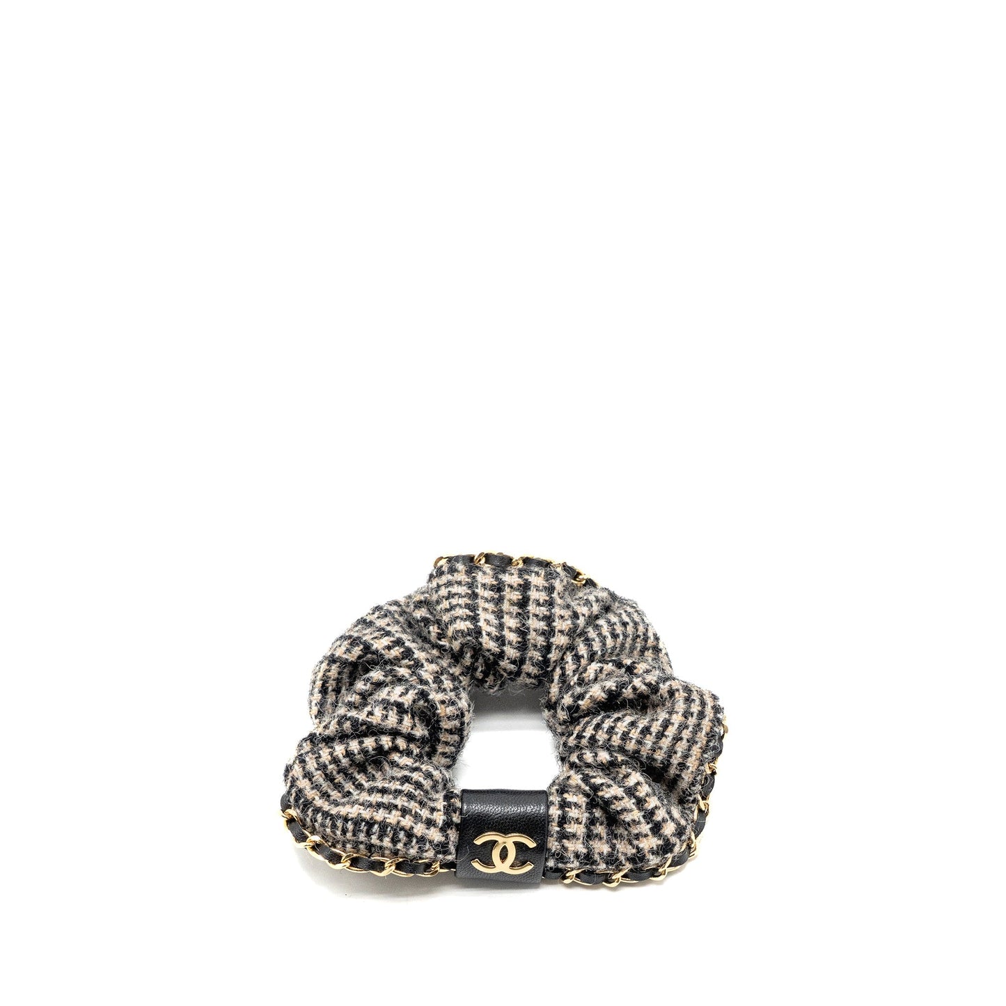 Chanel 22k Hair Tie Tweed/leather Chain detail Scrunchie Beige/Black/Ecru GHW