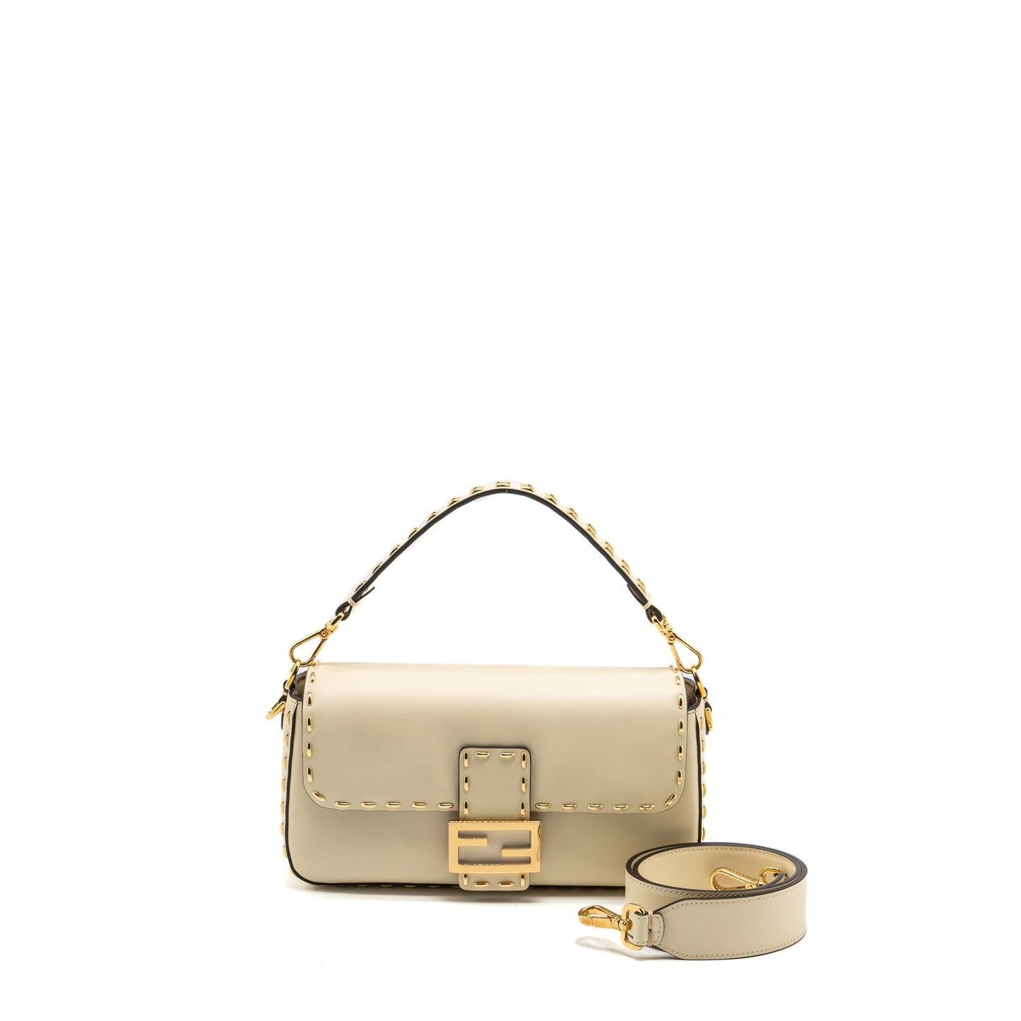 Fendi Vitello King Metal Stitch Baguette Lambskin White