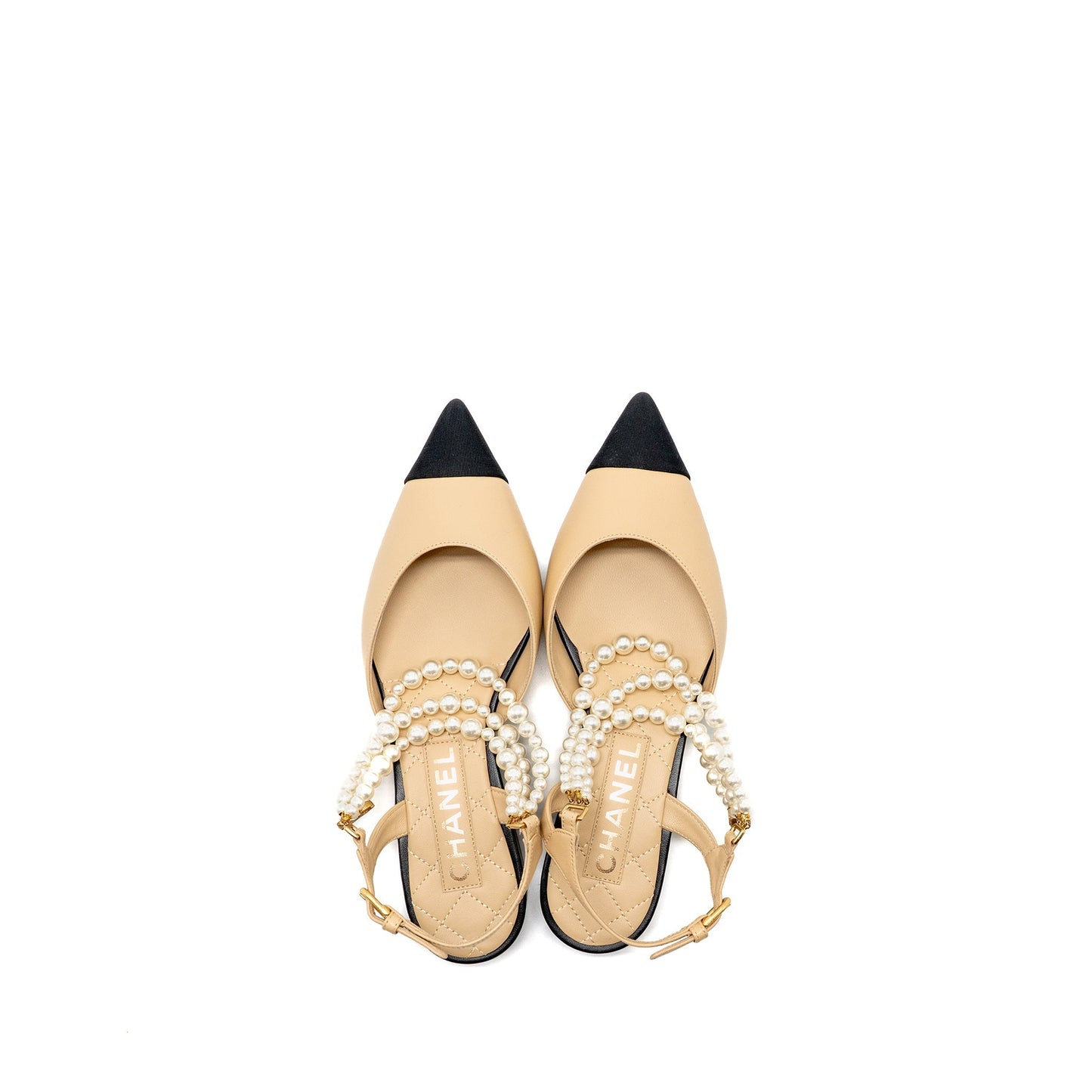 Chanel size 36.5 Slingback with pearl straps beige/ black