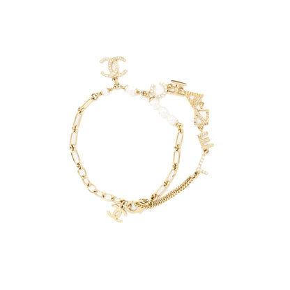 Chanel Ring Bracelet Letter/Pearl/Crystal Light Gold Tone