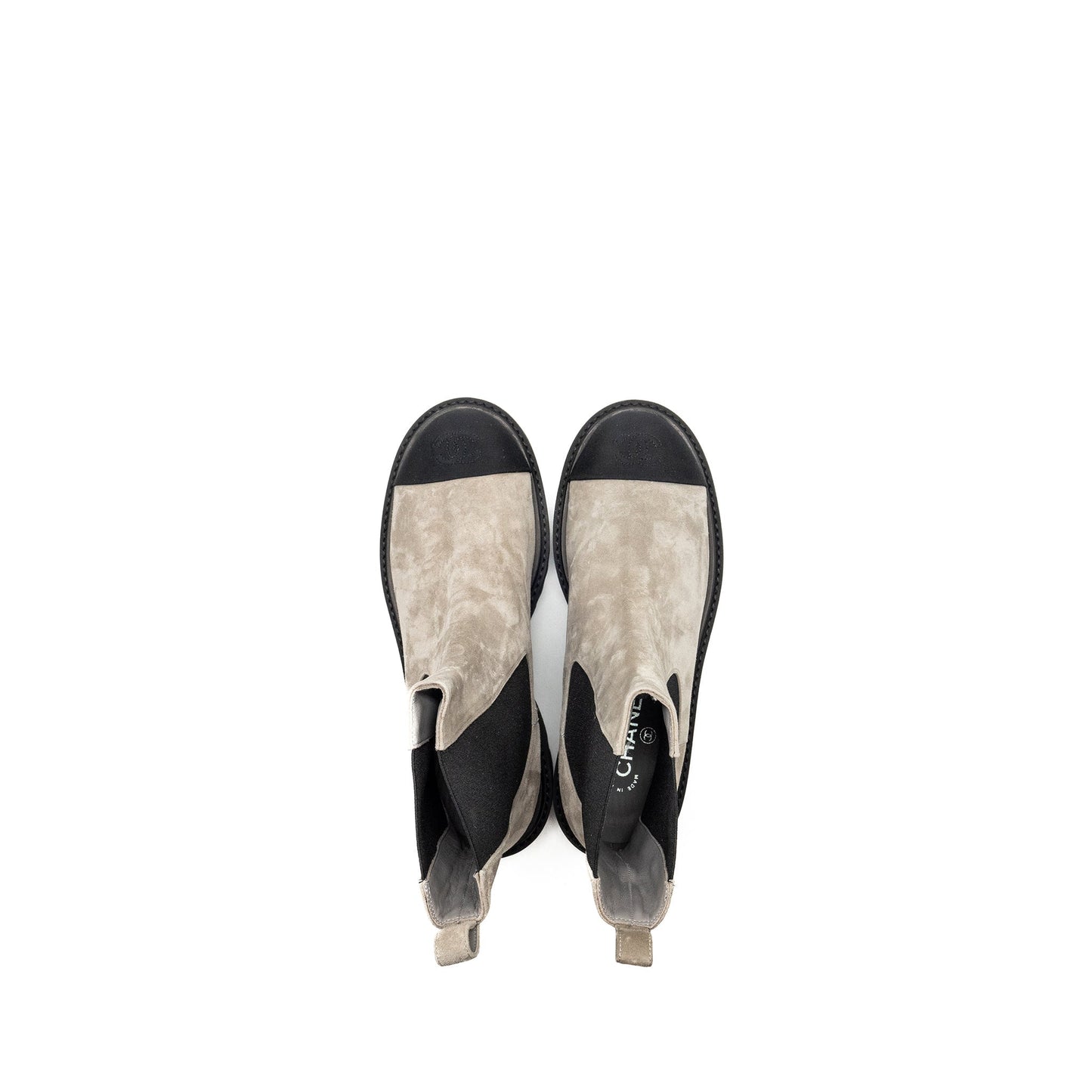 Chanel Size 39 22K Ankle Boots Suede Calfskin/Grosgrain Light Grey/Black