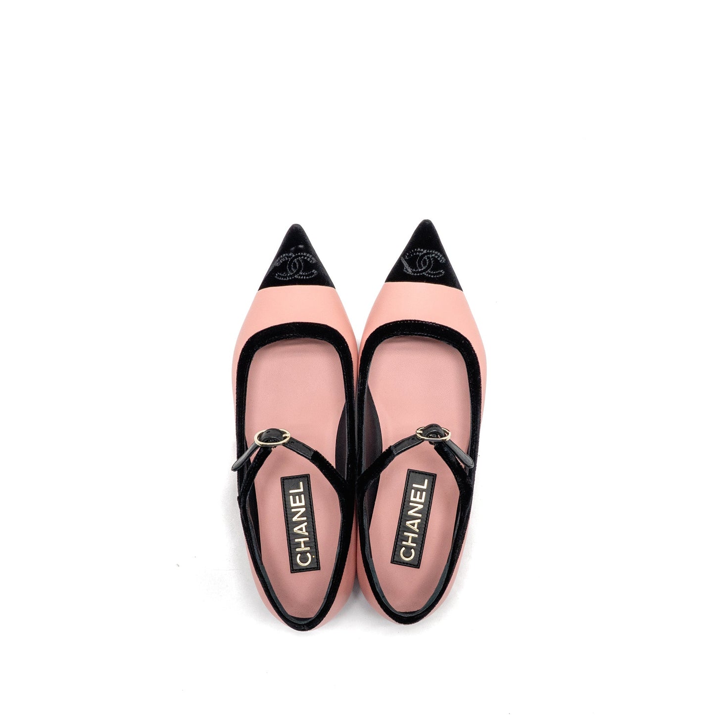 Chanel Size 37 Mary Janes Lambskin/Velvet Pink/Black LGHW