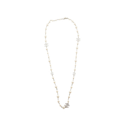 Chanel Pearl and CC with Crystal Long Necklace Silver Tone