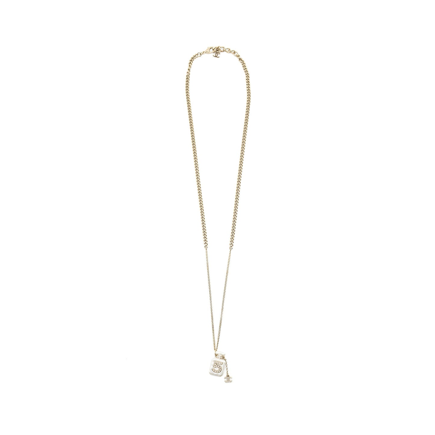 Chanel No.5 Perfume Bottle Long Necklace Light Gold Tone