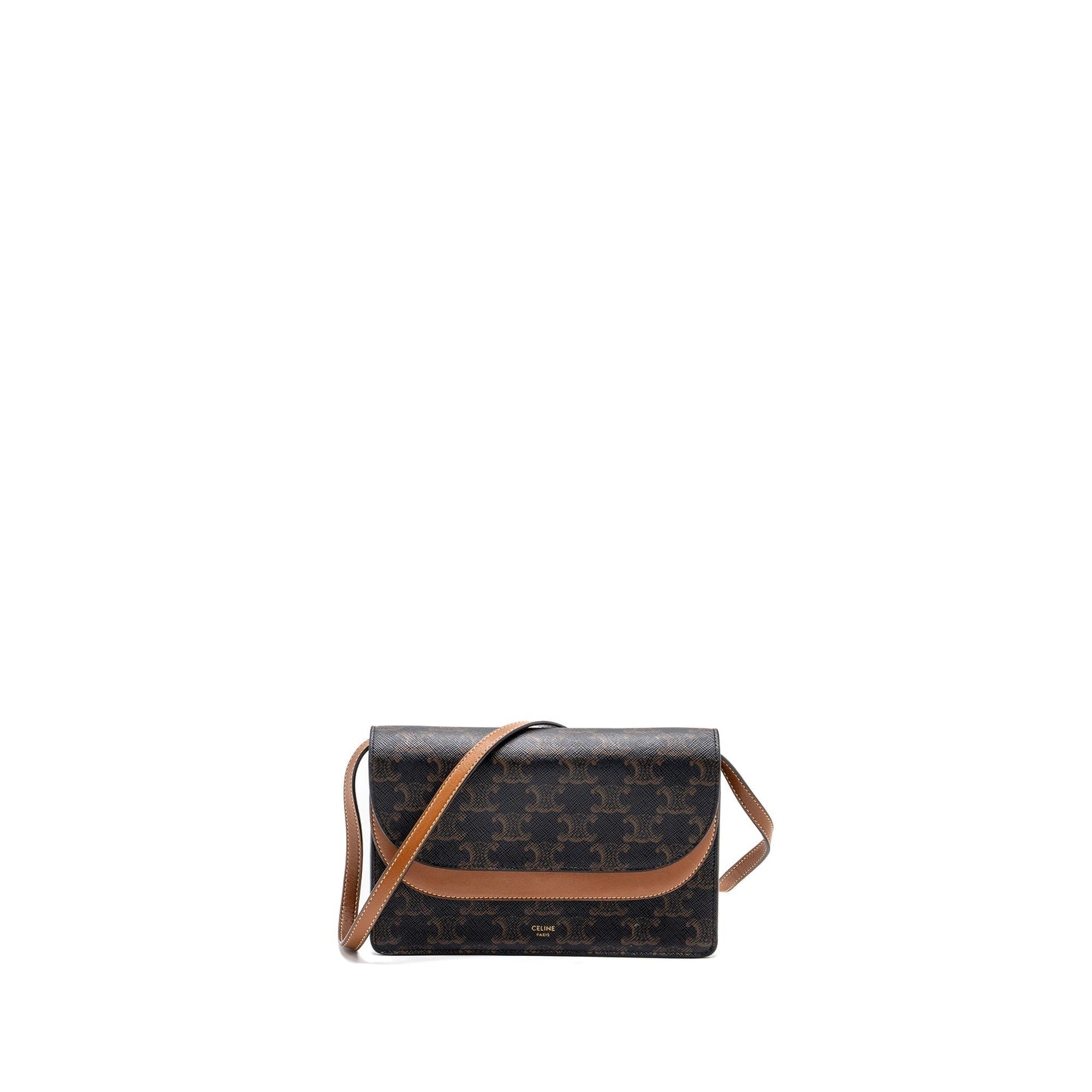Luxury CELINE Wallet On Strap Triomphe Canvas/Smooth Lambskin Tan